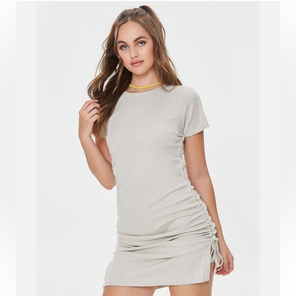 Forever 21 Poof Women’s Ruched Drawstring T-Shirt Dress Bodycon Tibbed Taupe M - Picture 2 of 9